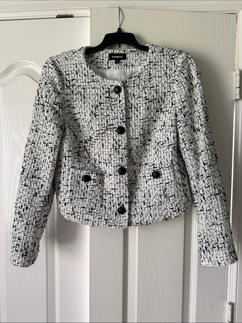 Express Black & White Tweed Cropped Button Jacket NWOT